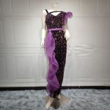 Purple Elegant Solid Sequins Patchwork Slit Asymmetrical Collar Straight Dresses