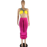 Solid Color Single Shoulder Tube Top + High Waist Pleated Matching Skirt
