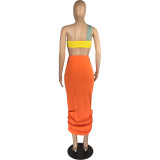 Solid Color Single Shoulder Tube Top + High Waist Pleated Matching Skirt