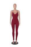 Solid Color Ribbed Straps Deep V Casual Yoga Jumpsuits