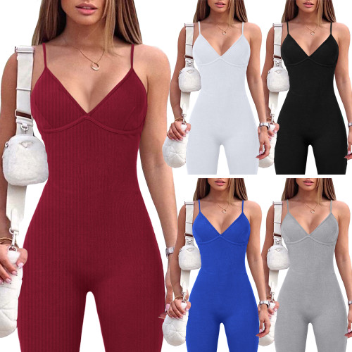 Solid Color Ribbed Straps Deep V Casual Yoga Jumpsuits