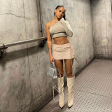 Solid Color Gathered Elastic Buckle Sports Cargo Skirt with Pocket