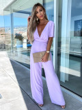 V-neck Chiffon Casual Short Sleeve Loose Vacation Wide Leg Jumpsuit