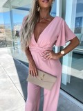 V-neck Chiffon Casual Short Sleeve Loose Vacation Wide Leg Jumpsuit