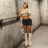 Solid Color Gathered Elastic Buckle Sports Cargo Skirt with Pocket
