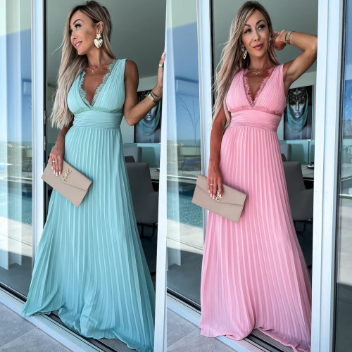 V-neck Pleated Casual Lace Hem Swing Dress