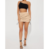 Solid Color Gathered Elastic Buckle Sports Cargo Skirt with Pocket