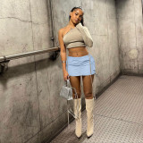 Solid Color Gathered Elastic Buckle Sports Cargo Skirt with Pocket