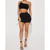 Solid Color Gathered Elastic Buckle Sports Cargo Skirt with Pocket