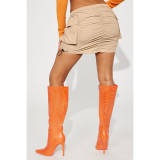 Solid Color Gathered Elastic Buckle Sports Cargo Skirt with Pocket