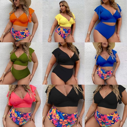 Women's Swimsuit with Multicolored Bralette, Ruffled Shoulder Straps, High Waist Printed Bikini Bottoms