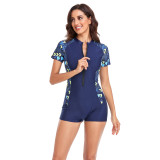 Short-sleeved One-piece Zipper Square Pants Printed Splicing Conservative Women's Swimsuit