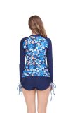 Printed Long Sleeve Sun Protection Zipper Tight Drawstring Square Leg Swimsuit