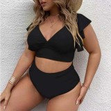 Women's Swimsuit with Multicolored Bralette, Ruffled Shoulder Straps, High Waist Printed Bikini Bottoms