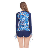 Printed Long Sleeve Sun Protection Zipper Tight Drawstring Square Leg Swimsuit