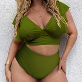 Women's Swimsuit with Multicolored Bralette, Ruffled Shoulder Straps, High Waist Printed Bikini Bottoms