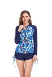Printed Long Sleeve Sun Protection Zipper Tight Drawstring Square Leg Swimsuit