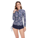 Printed Long Sleeve Sun Protection Zipper Tight Drawstring Square Leg Swimsuit