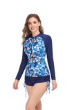 Printed Long Sleeve Sun Protection Zipper Tight Drawstring Square Leg Swimsuit