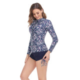 Printed Long Sleeve Sun Protection Zipper Tight Drawstring Square Leg Swimsuit