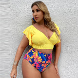 Women's Swimsuit with Multicolored Bralette, Ruffled Shoulder Straps, High Waist Printed Bikini Bottoms