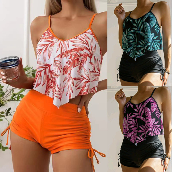 Printed Multi-color Halter Bikini with Drawstring Bottoms