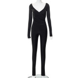Solid Color Cross V-neck Sleeve Finger Trousers Casual Set