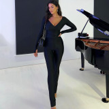 Solid Color Cross V-neck Sleeve Finger Trousers Casual Set