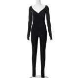 Solid Color Cross V-neck Sleeve Finger Trousers Casual Set