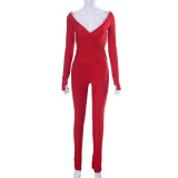 Solid Color Cross V-neck Sleeve Finger Trousers Casual Set