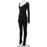 Solid Color Cross V-neck Sleeve Finger Trousers Casual Set