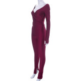 Solid Color Cross V-neck Sleeve Finger Trousers Casual Set