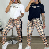 Casual High Quality Pyrography Drawstring Plaid Two-Piece Set with Pocket
