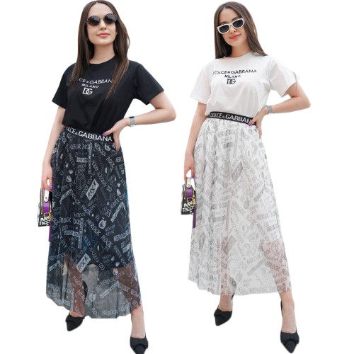 Casual Chiffon Printed Top + See Through Bottoming Skirt