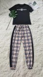 Casual High Quality Pyrography Drawstring Plaid Two-Piece Set with Pocket
