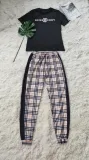 Casual High Quality Pyrography Drawstring Plaid Two-Piece Set with Pocket