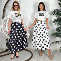 Fashion Elegant Printed Short Sleeve Swing Skirt Sets