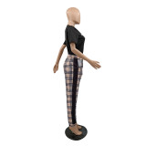 Casual High Quality Pyrography Drawstring Plaid Two-Piece Set with Pocket