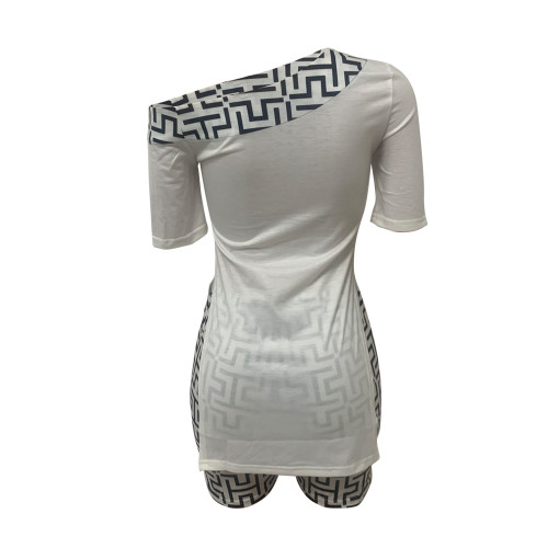 Casual Slanted Shoulder Print Slit Short Sleeve Shorts Set
