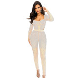 Solid Color Mesh Rhinestone Long Sleeve Bodysuit with Long Pants