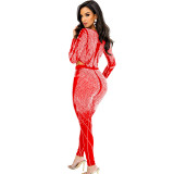 Solid Color Mesh Rhinestone Long Sleeve Bodysuit with Long Pants