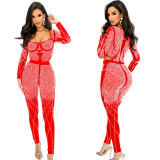 Solid Color Mesh Rhinestone Long Sleeve Bodysuit with Long Pants