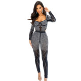 Solid Color Mesh Rhinestone Long Sleeve Bodysuit with Long Pants
