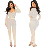 Solid Color Mesh Rhinestone Long Sleeve Bodysuit with Long Pants