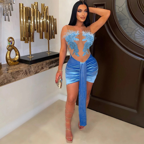 Sexy Mesh Strapless Velvet Splice Bodycon Party Dress