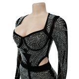 Solid Color Mesh Rhinestone Long Sleeve Bodysuit with Long Pants