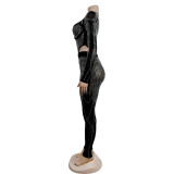 Solid Color Mesh Rhinestone Long Sleeve Bodysuit with Long Pants