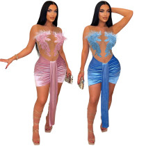 Sexy Mesh Strapless Velvet Splice Bodycon Party Dress