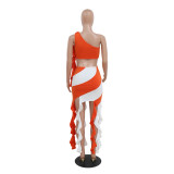 Sexy Slash Shoulder Slim Fit Crop Top and A-line Fringed Skirt Set