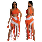 Sexy Slash Shoulder Slim Fit Crop Top and A-line Fringed Skirt Set